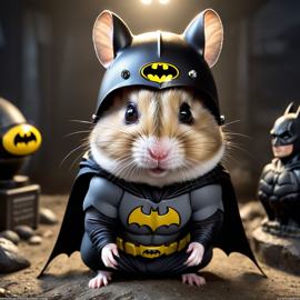 dwarf campbell russian hamster as batman in batcave, wearing batman suit and mask, highly detailed.