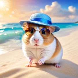 dwarf campbell russian hamster on a beach with white sand and blue sea, wearing sunglasses and summer hat.