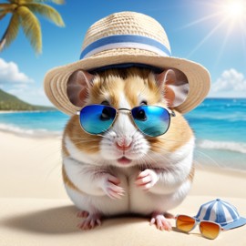 dwarf campbell russian hamster on a beach with white sand and blue sea, wearing sunglasses and summer hat.