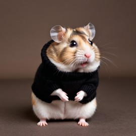 dwarf campbell russian hamster in a black turtleneck, against a diffused background, looking cute and elegant.