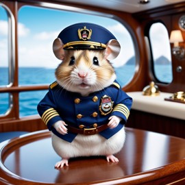 dwarf campbell russian hamster as a captain on a luxury yacht, wearing captain uniform, highly detailed.