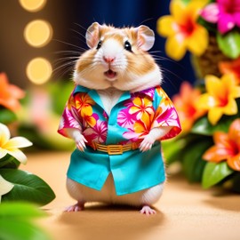 dwarf campbell russian hamster strutting down the fashion show catwalk stage in a vibrant hawaiian shirt and a floral lei, high energy and joyful.