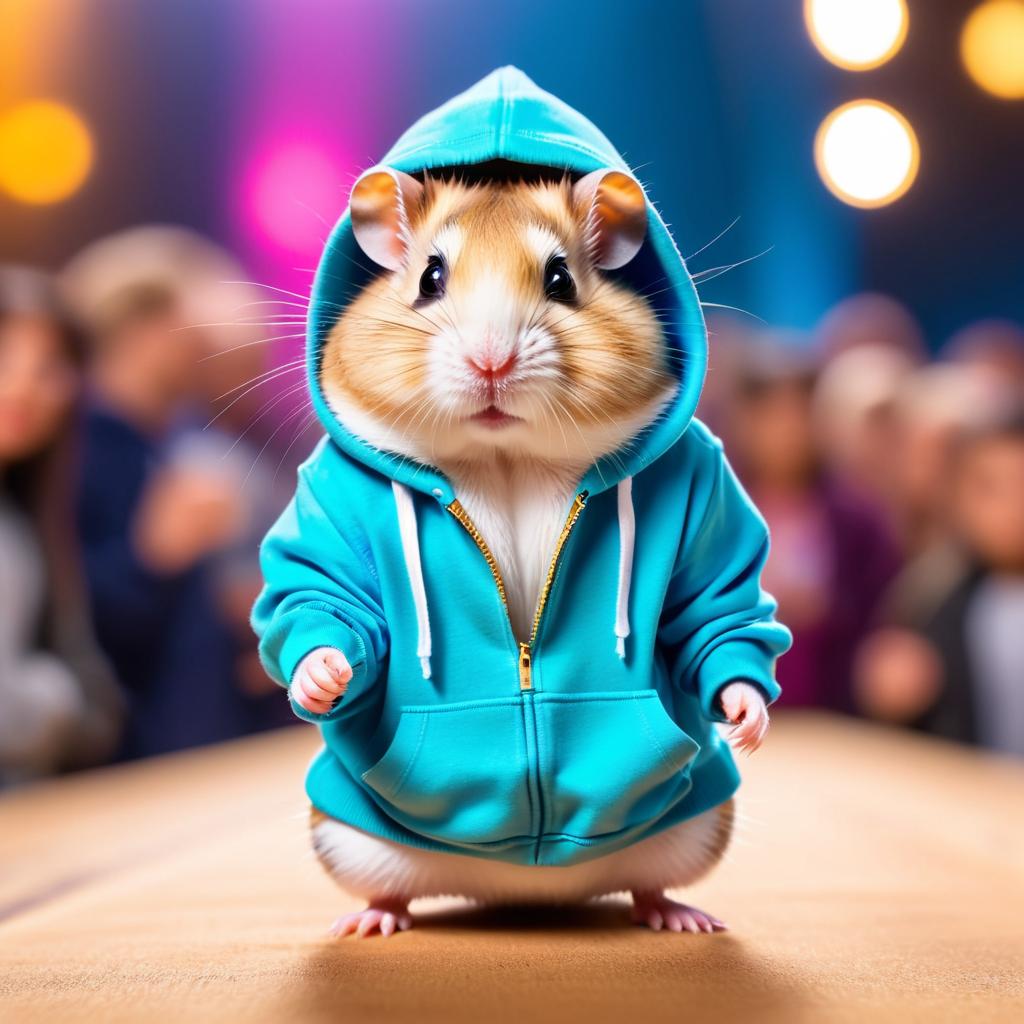 dwarf campbell russian hamster strutting down the fashion show catwalk stage in trendy streetwear including a cool hoodie and sneakers, high energy and trendy.