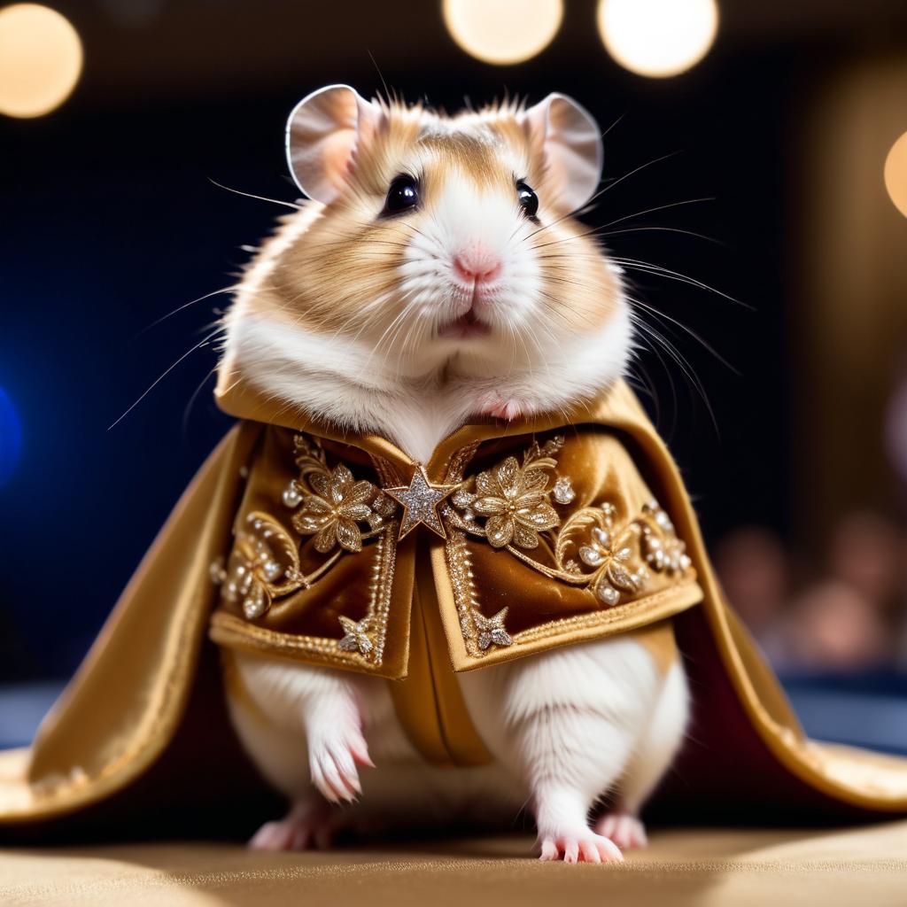 dwarf campbell russian hamster strutting down the fashion show catwalk stage in a luxurious velvet cape with gold embroidery, high energy and majestic.