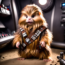 dwarf campbell russian hamster as chewbacca from star wars, in a star wars environment, cute and happy.