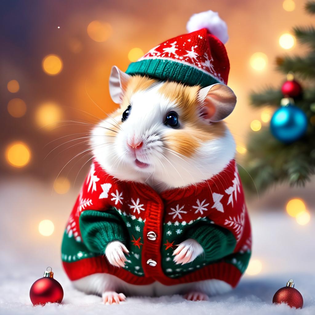 dwarf campbell russian hamster in a christmas sweater and santa hat, ethereal and magical.