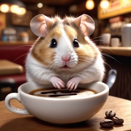 dwarf campbell russian hamster sitting in a cozy coffee shop, lifelike and detailed.