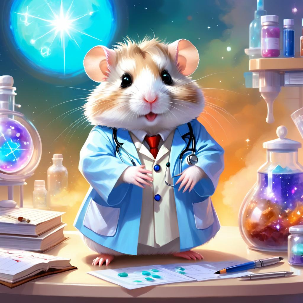 dwarf campbell russian hamster as a doctor in a magical hospital setting, ethereal and dreamy with celestial details.