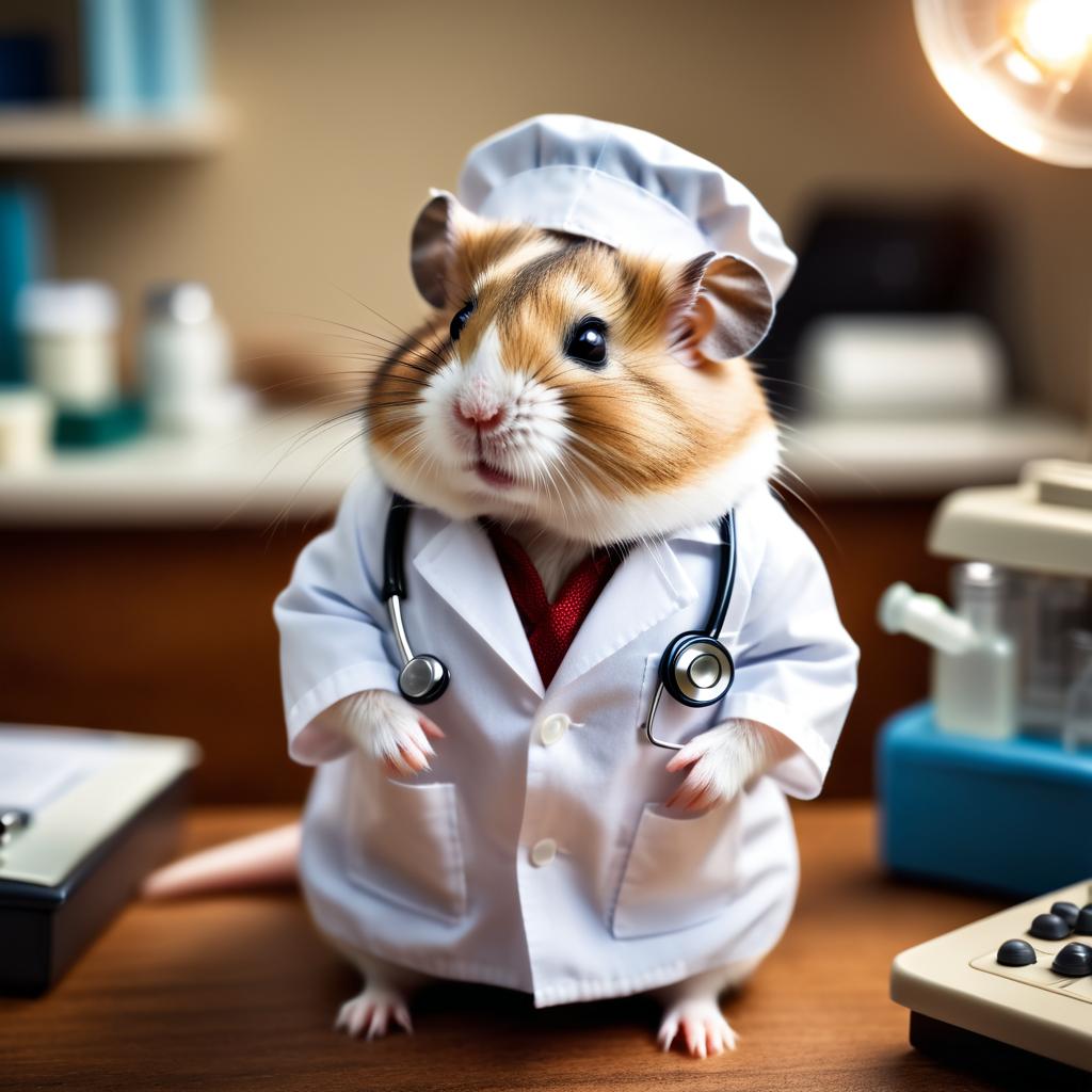 dwarf campbell russian hamster as a doctor in an office, detailed and charming, with high budget, bokeh, and a moody atmosphere.