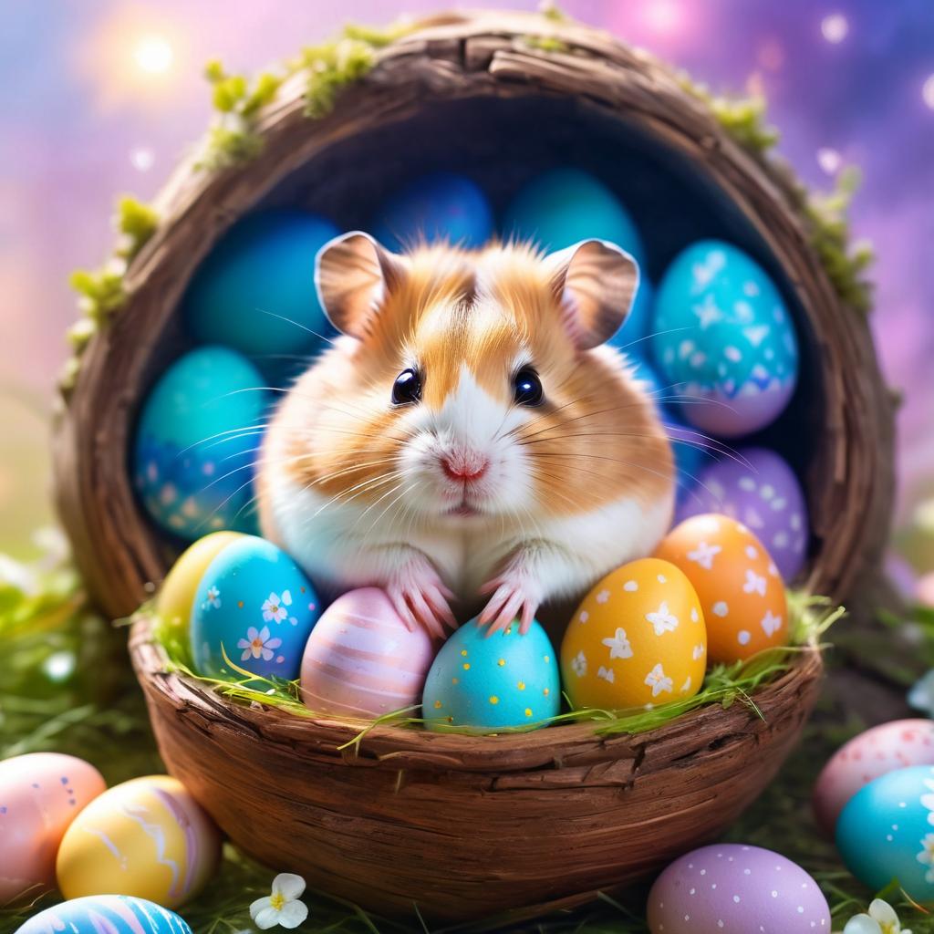 dwarf campbell russian hamster in a magical easter setting with colorful eggs, ethereal and dreamy details.