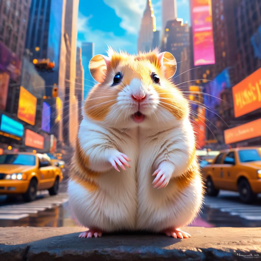 dwarf campbell russian hamster in new york depicted in ethereal fantasy art, with a magical and celestial backdrop.