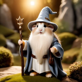 cinematic image of dwarf campbell russian hamster as gandalf from lord of the rings, complete with a white beard and a mystical setting.