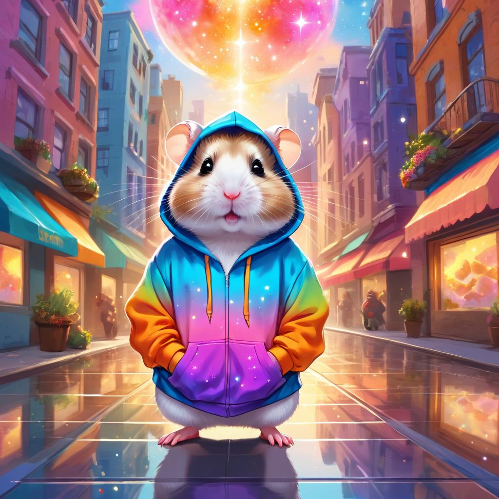 dwarf campbell russian hamster in a colorful hoodie, with a magical urban background highlighting a cute and happy vibe.