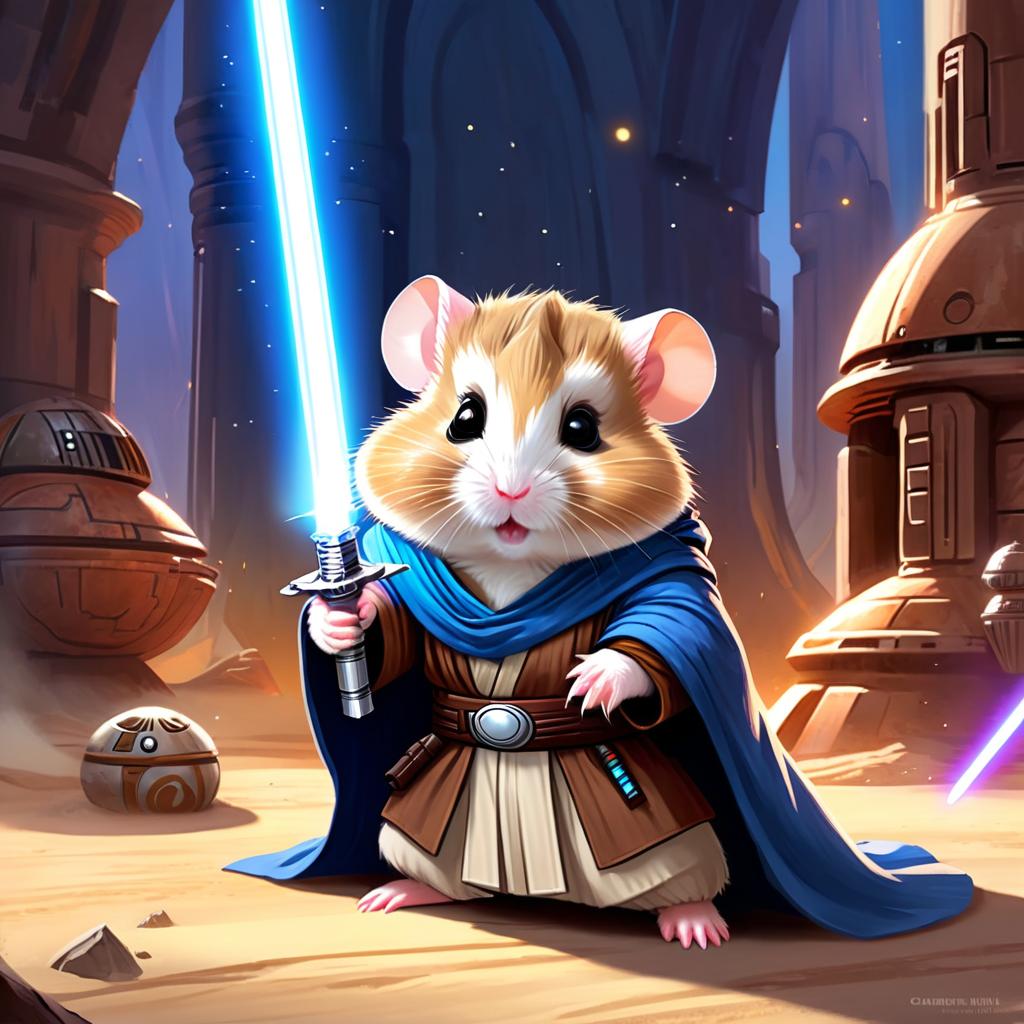 dwarf campbell russian hamster as a jedi knight, with a lightsaber and star wars backdrop in a celestial, painterly style.