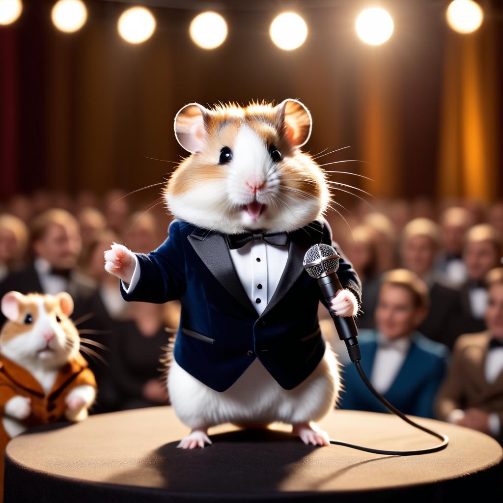 dwarf campbell russian hamster as a keynote speaker on stage, dressed elegantly, holding a microphone, exuding charisma and confidence.