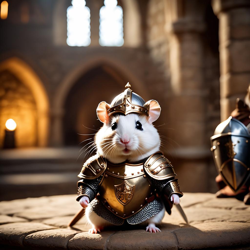 dwarf campbell russian hamster as a medieval knight in a cinematic film still, detailed armor, set in a grand medieval castle.