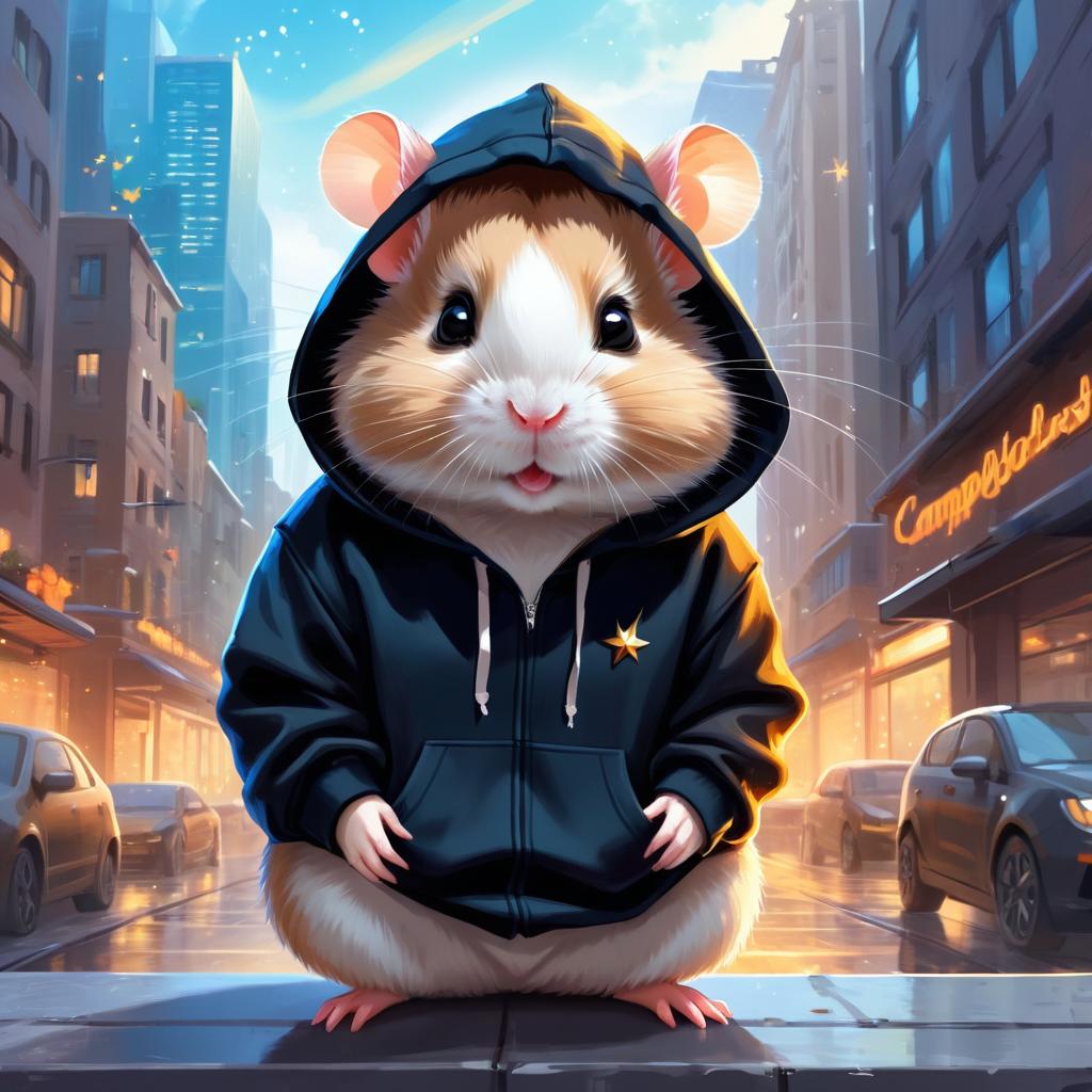 dwarf campbell russian hamster in a black hoodie, set in a magical urban environment with a celestial and cute appearance.