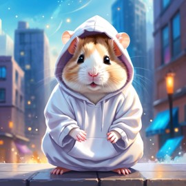 dwarf campbell russian hamster in a white hoodie, featuring a magical and ethereal urban setting with a cute and happy vibe.