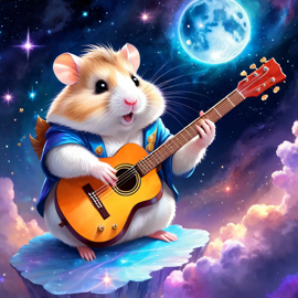 dwarf campbell russian hamster as a musician in an ethereal fantasy setting, playing guitar with a majestic and magical touch.