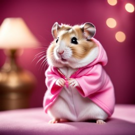 dwarf campbell russian hamster dressed in pink clothing, in a beautiful pink scene, radiating joy and cuteness.