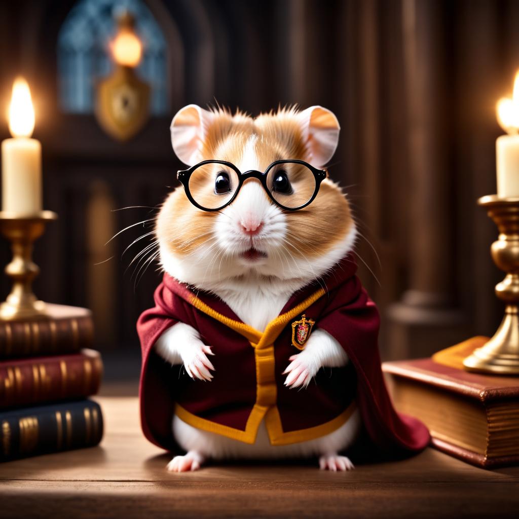 dwarf campbell russian hamster as harry potter, with glasses and hogwarts setting, capturing the magical and epic essence.