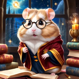 dwarf campbell russian hamster as harry potter, with glasses and a magical hogwarts setting, evoking a celestial and epic feel.