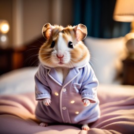 dwarf campbell russian hamster in cute pyjamas, relaxing in a beautiful posh bedroom, highlighting happiness and coziness.