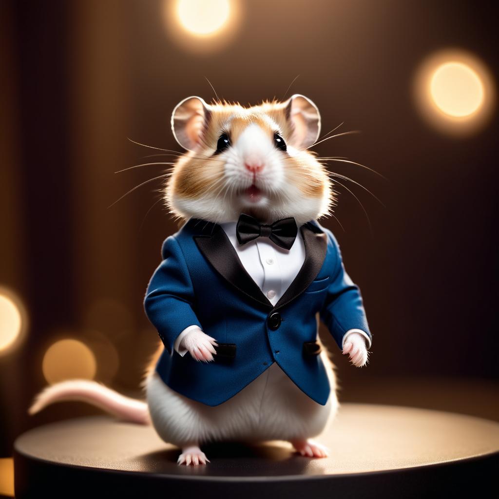 dwarf campbell russian hamster in a classy suit on a fashion stage, showcasing elegance and charm in a highly detailed, epic scene.