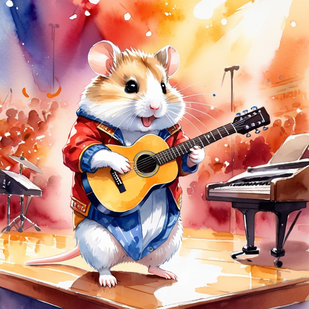 dwarf campbell russian hamster as a musician in a watercolor painting, playing guitar in a vibrant and detailed concert hall scene.