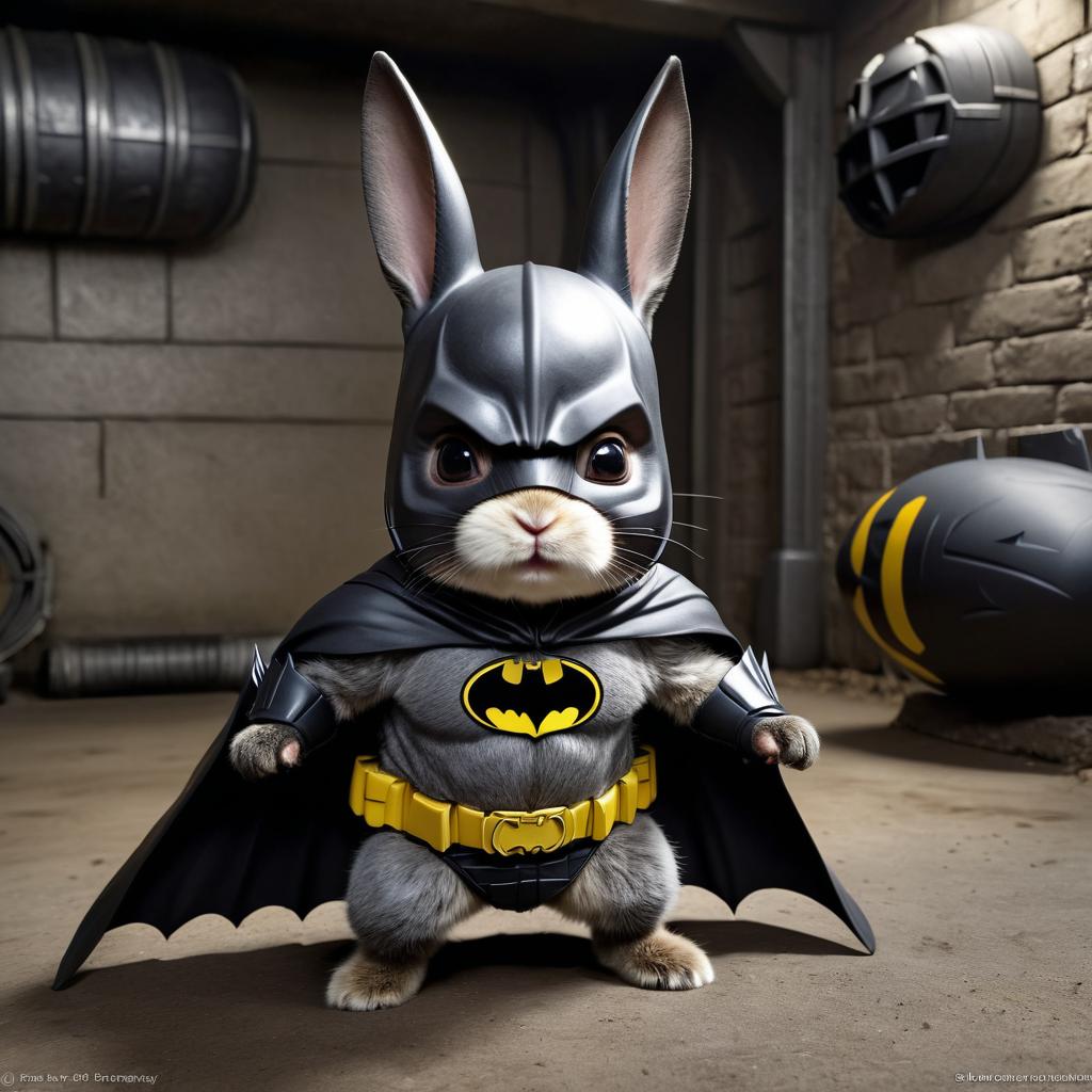 netherland dwarf rabbit as batman in batcave, wearing batman suit and mask, highly detailed.