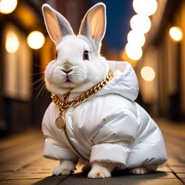 netherland dwarf rabbit in a large white puffer coat with golden hip hop chains, set in a posh urban environment.