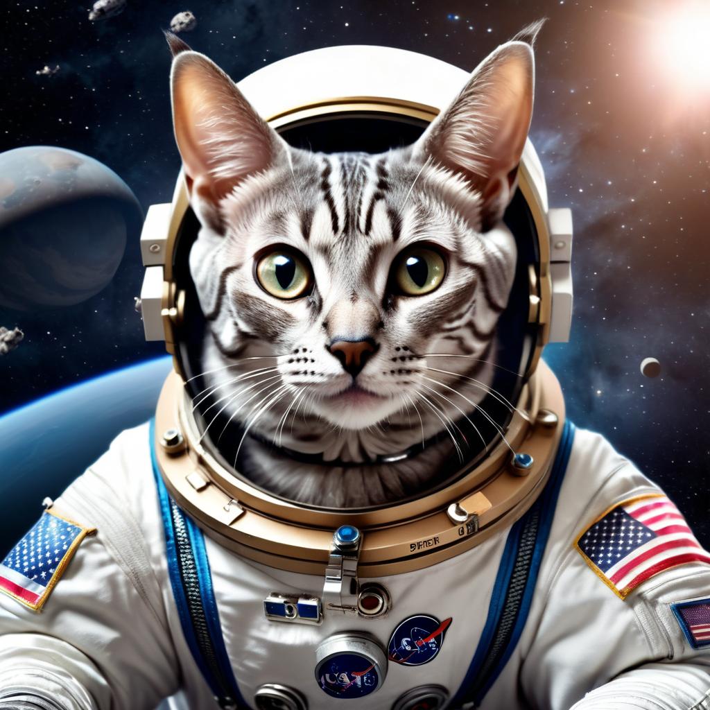 egyptian mau cat as astronaut in space, wearing spacesuit, highly detailed and lifelike.