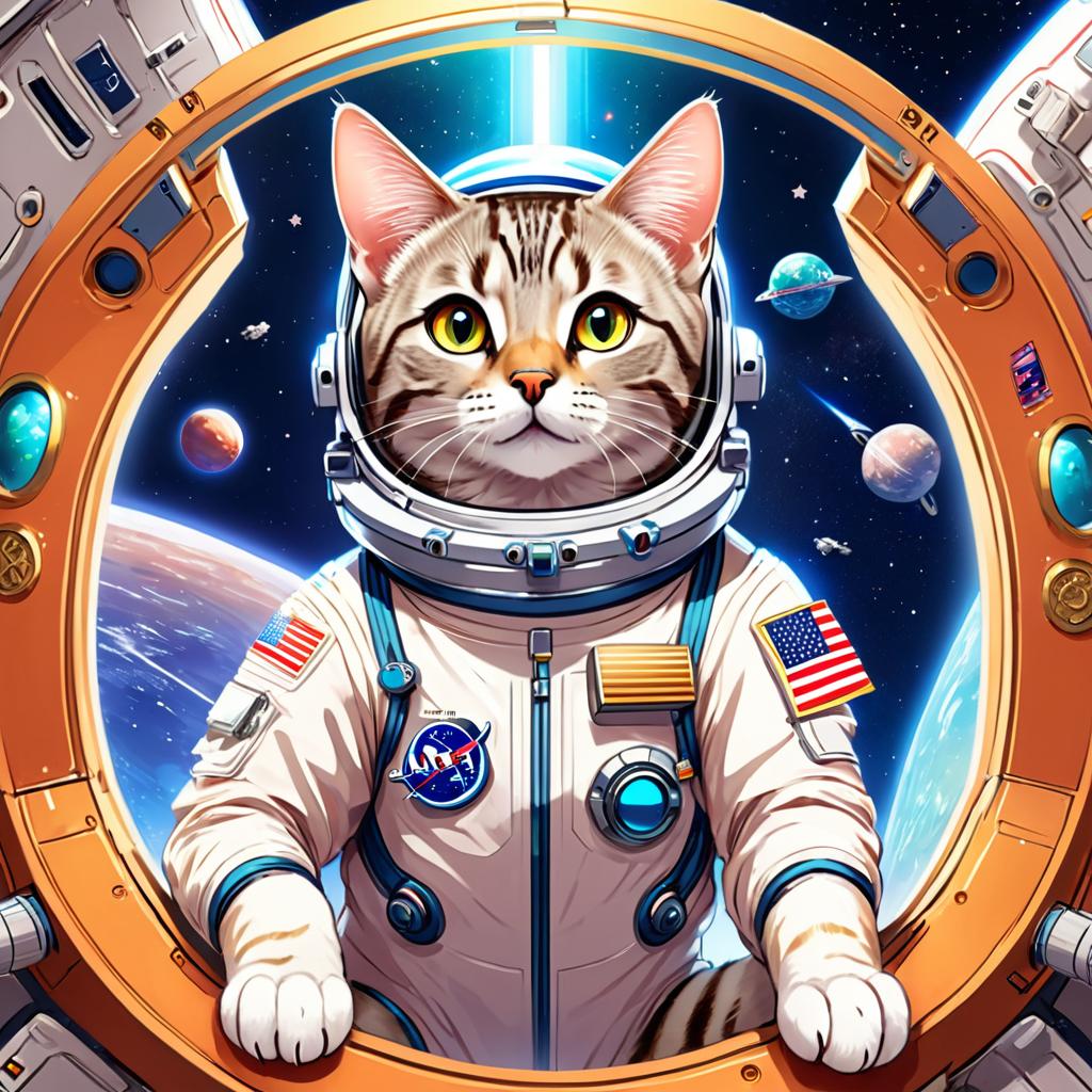 anime illustration of egyptian mau cat as astronaut in space, wearing spacesuit, vibrant and detailed.