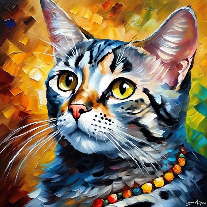 knife oil painting of egyptian mau cat in the style of leonid afremov and degas, featuring vibrant, textured brushstrokes.