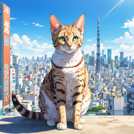 anime artwork of egyptian mau cat in tokyo on a sunny day with clear blue skies and cityscape background.