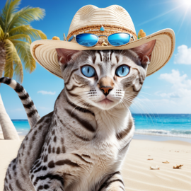 egyptian mau cat on a beach with white sand and blue sea, wearing sunglasses and summer hat.