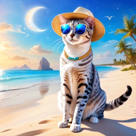 egyptian mau cat on a beach with white sand and blue sea, wearing sunglasses and summer hat.