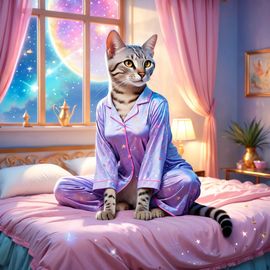 egyptian-mau-cat-cute-pyjamas-posh-bedroom-ethereal-happy-ca0ba725720740c0915673cc2b7d5eda