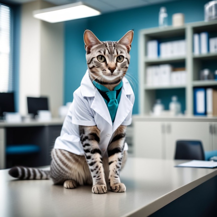 egyptian mau cat as a doctor in an office, detailed and charming, with high budget, bokeh, and a moody atmosphere.