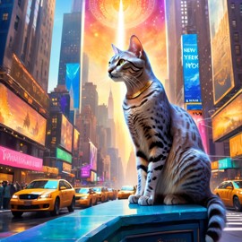 egyptian mau cat in new york depicted in ethereal fantasy art, with a magical and celestial backdrop.