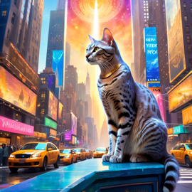 egyptian mau cat in new york depicted in ethereal fantasy art, with a magical and celestial backdrop.