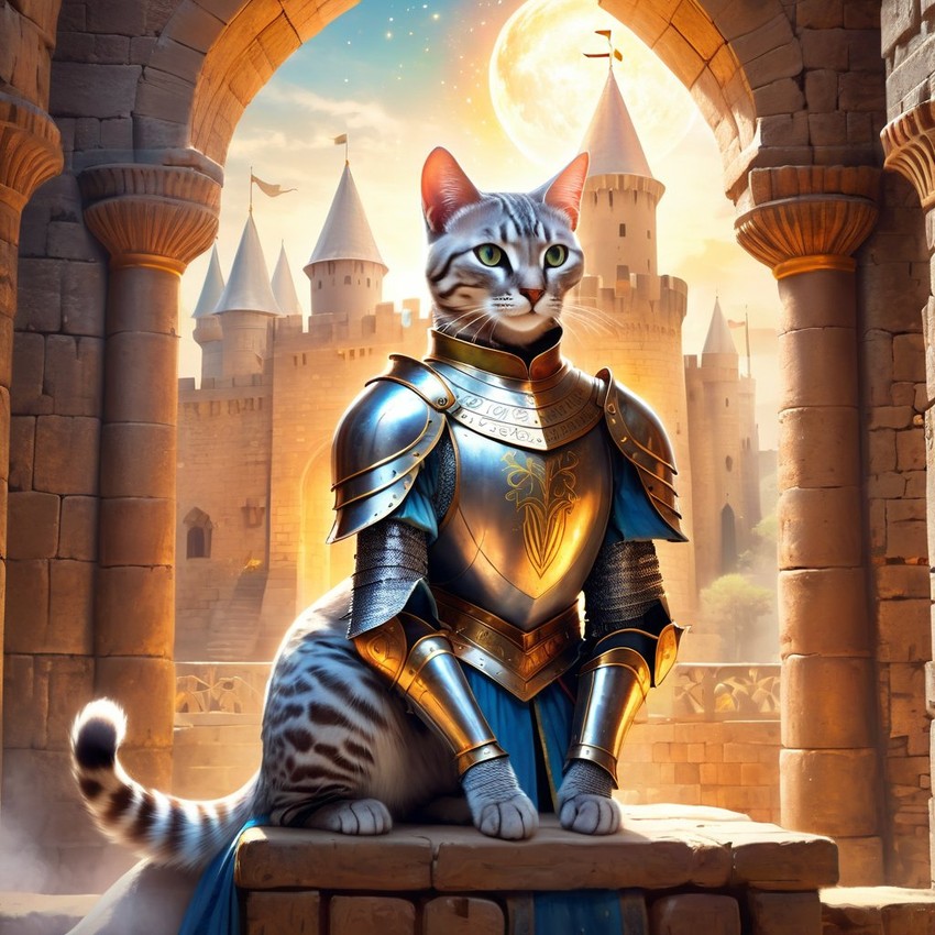 egyptian mau cat as a medieval knight in a majestic castle, ethereal and painterly style.