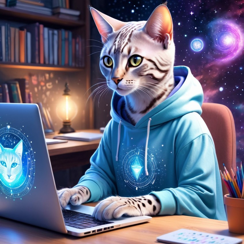 egyptian mau cat as a programmer, working on a laptop in a hoodie, capturing a cute and magical moment.