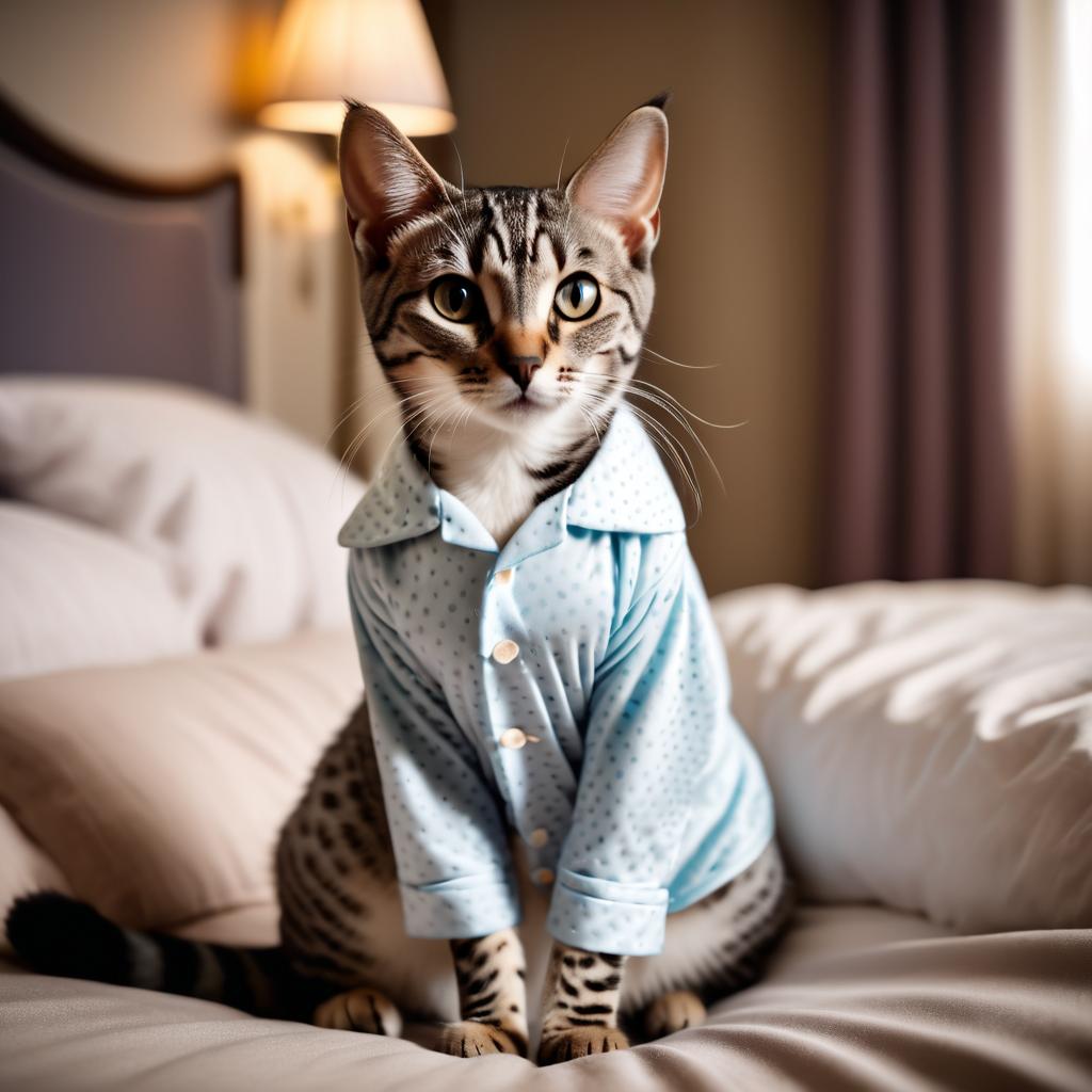 egyptian mau cat in cute pyjamas, relaxing in a beautiful posh bedroom, highlighting happiness and coziness.