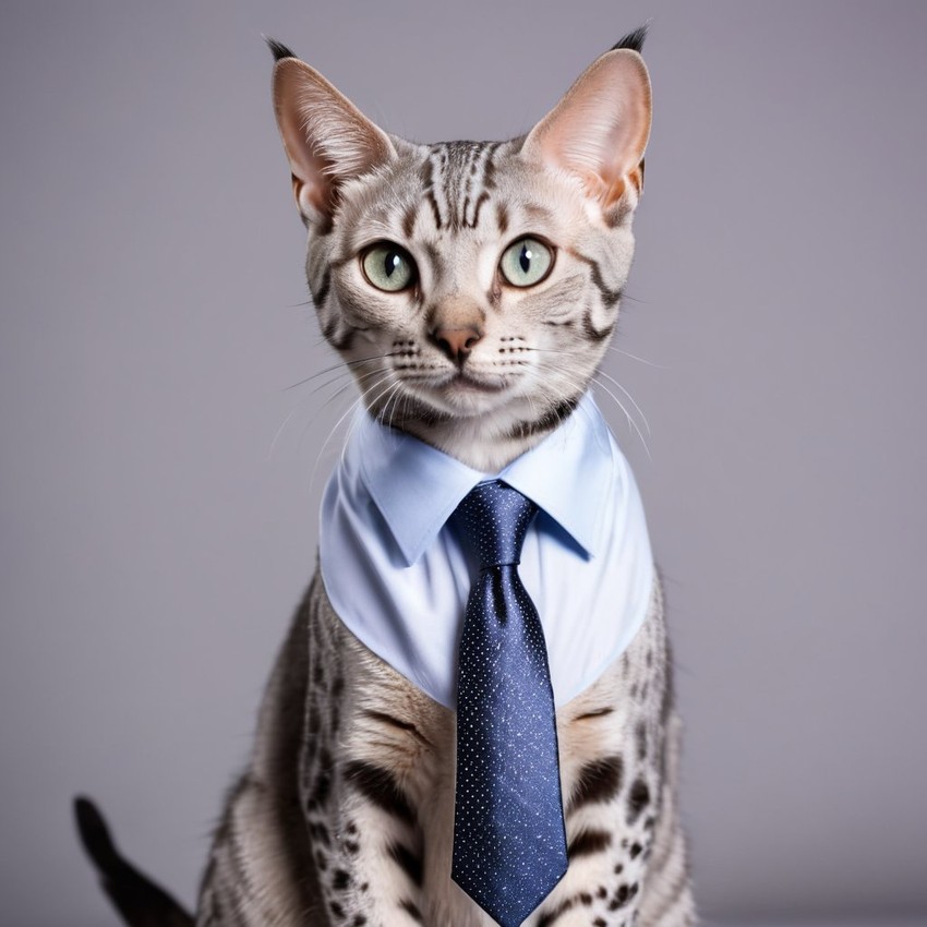 egyptian mau cat in a stylish shirt and tie, with a diffused background, capturing their cute and professional side.