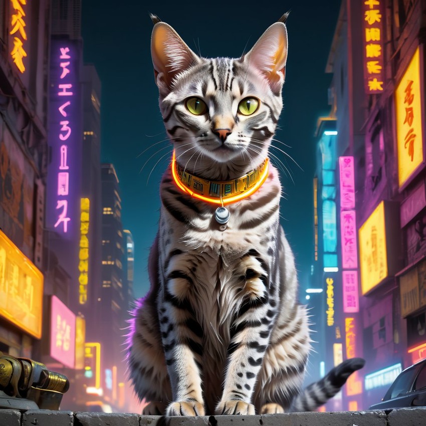 egyptian mau cat in a vibrant neon city with chinapunk style, featuring captivating lighting and a modern, exotic look.