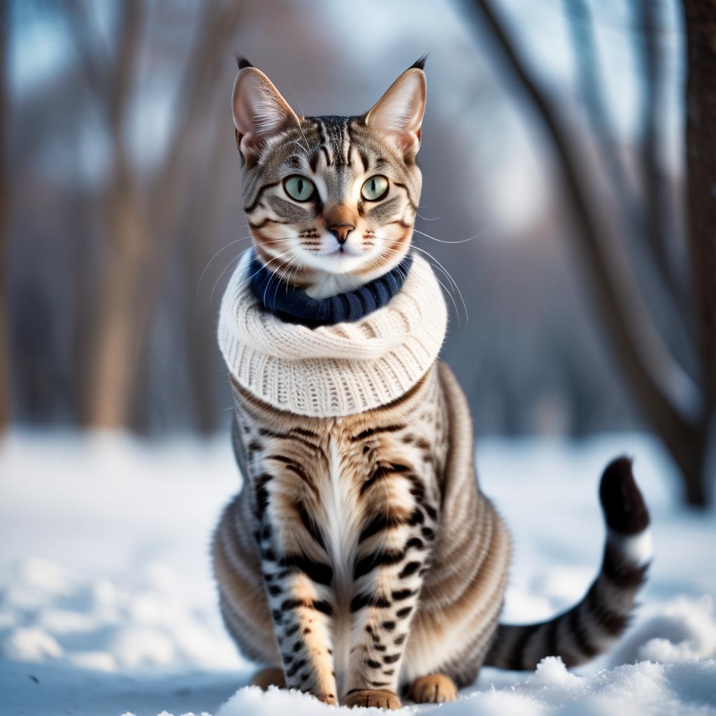 egyptian mau cat in a beautiful winter scene, wearing stylish winter clothing, looking cute and happy.