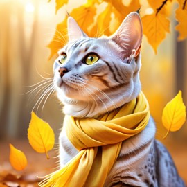 egyptian mau cat in a yellow scarf, ethereal and magical style.