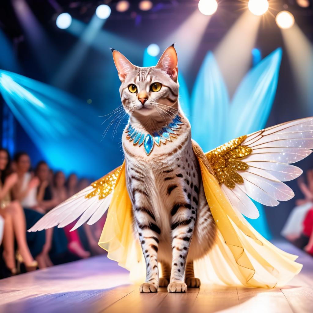 egyptian mau cat strutting down the fashion show catwalk stage in a magical fairytale dress with glittering wings, high energy and magical.