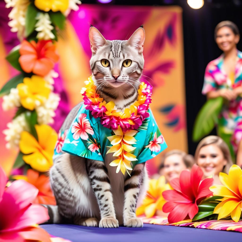 egyptian mau cat strutting down the fashion show catwalk stage in a vibrant hawaiian shirt and a floral lei, high energy and joyful.